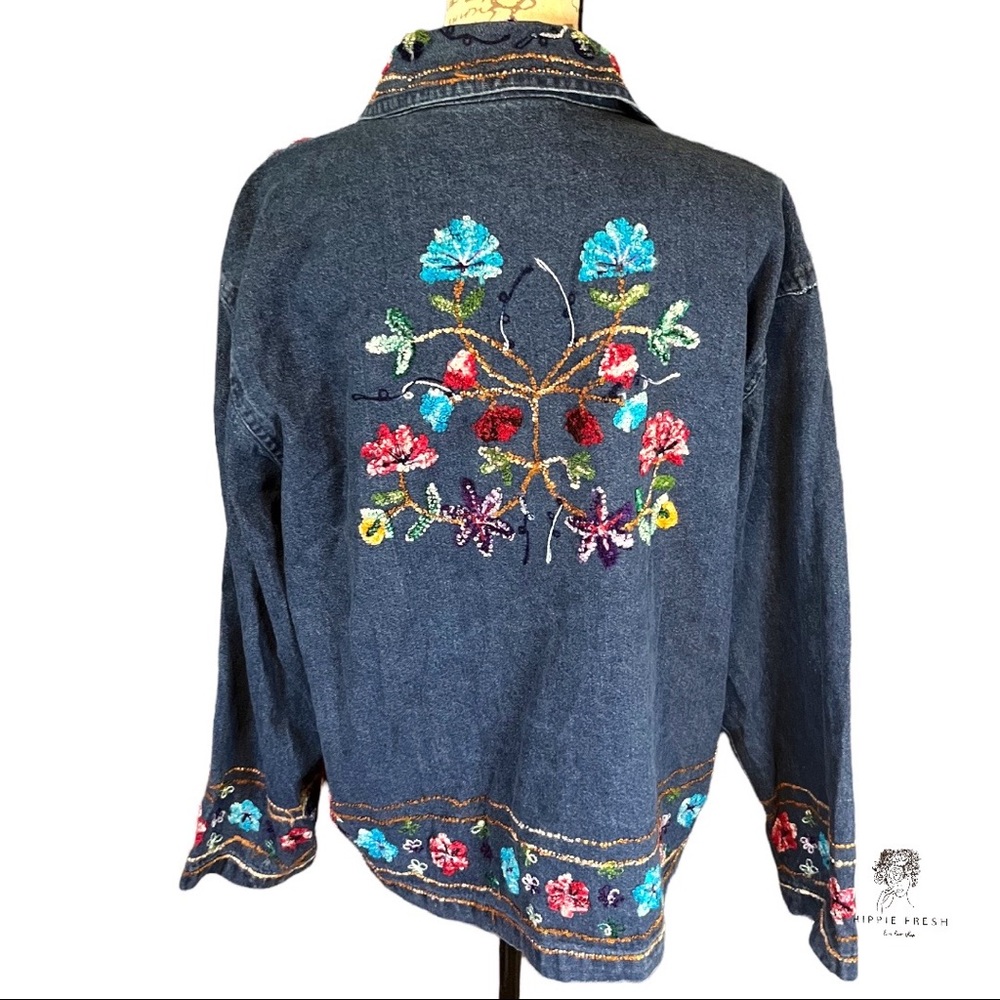 Carrie Allen Multi Colored Embroidered Artisan Denim Jacket Size L
